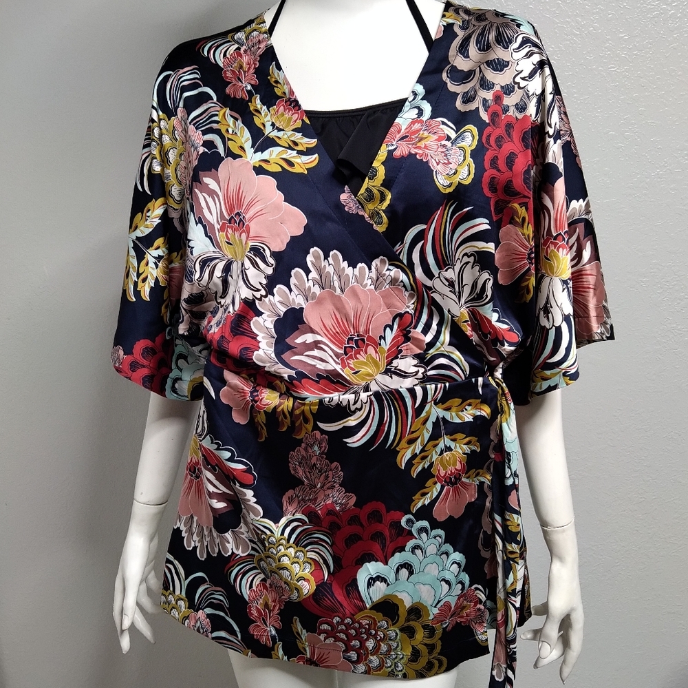 7th Ave Design Floral Wrap Blouse‎ Navy Size Large